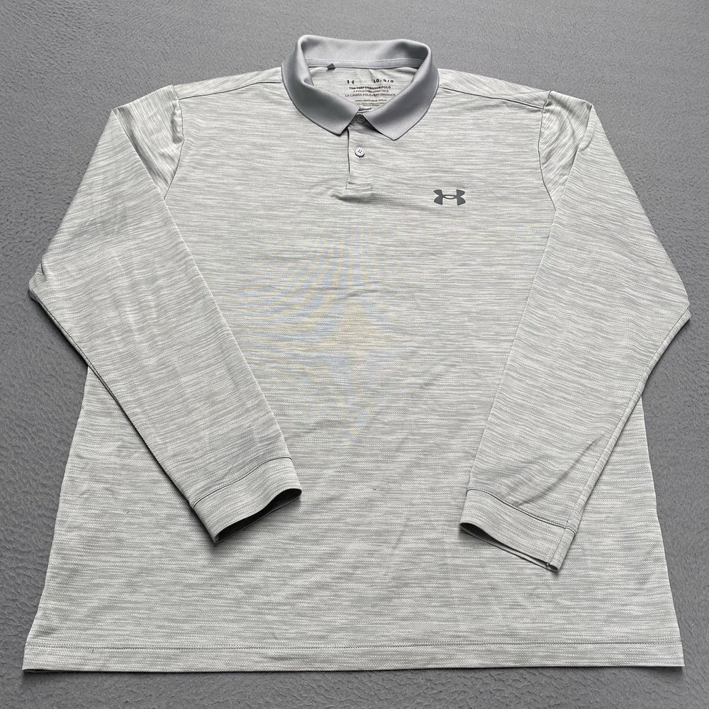 Under Armour Polo Shirt Mens Large Gray Striped Long Sleeve Golf Performance